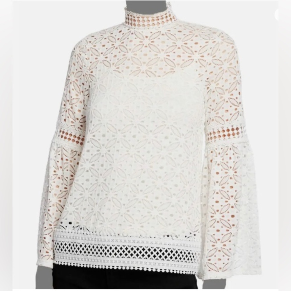 NEW Pointelle Mock-Neck Bell-Sleeve Crochet Overlay Top.